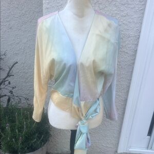 Wildfox Encore Rainbow Wrap Tie Long Sleeve Crop Satin Blouse Women's Size L NWT